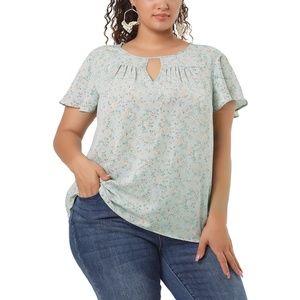 Agnes Orinda Pastel Floral Keyhole Flared Short Sleeve Chiffon Blouse 3X